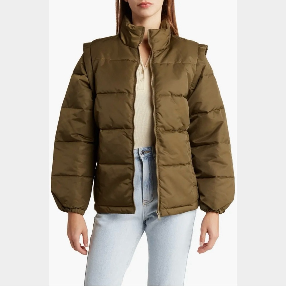 WEWOREWHAT Zip Off Sleeve Nylon Puffer Jacket In Military Olive